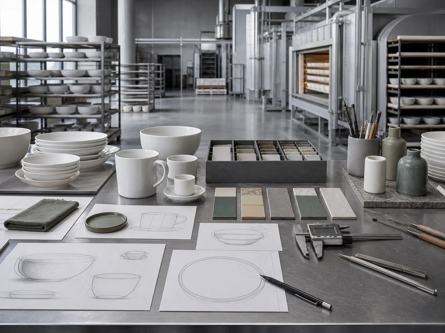 Porcelain tableware development worktable with glaze samples and ceramic production tools