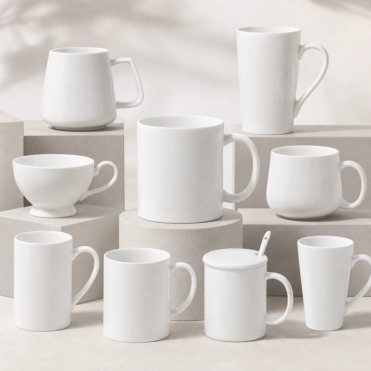 Premium white ceramic mug shape collection with multiple cup and mug silhouettes