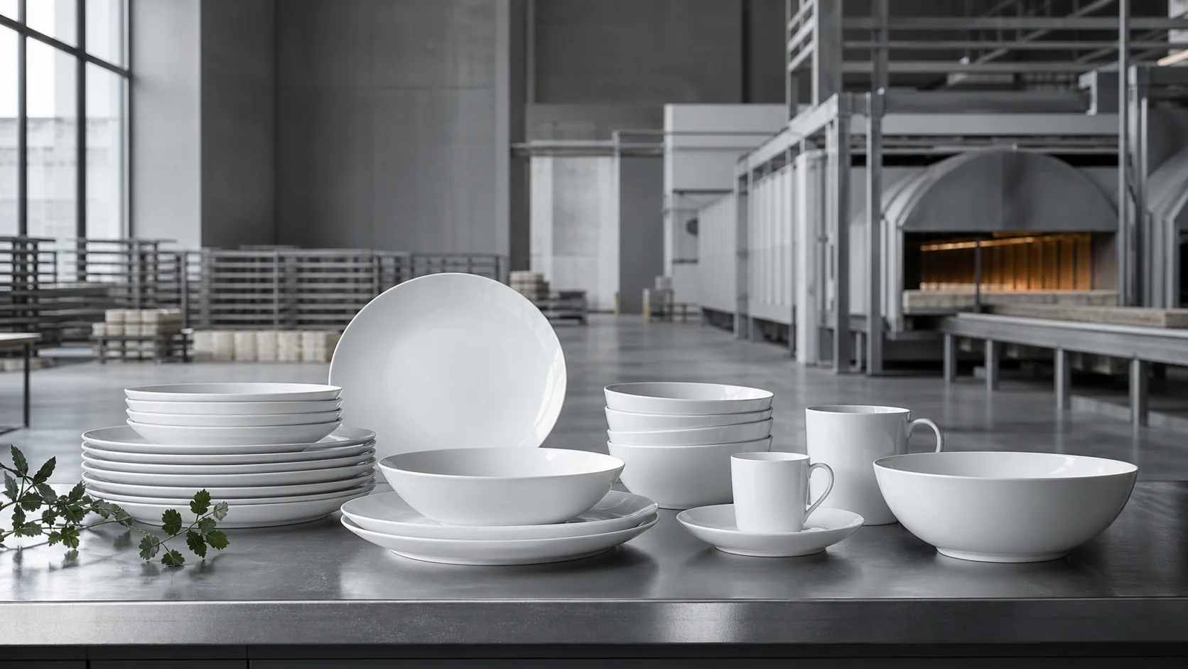 White ceramic forms on brushed metal table